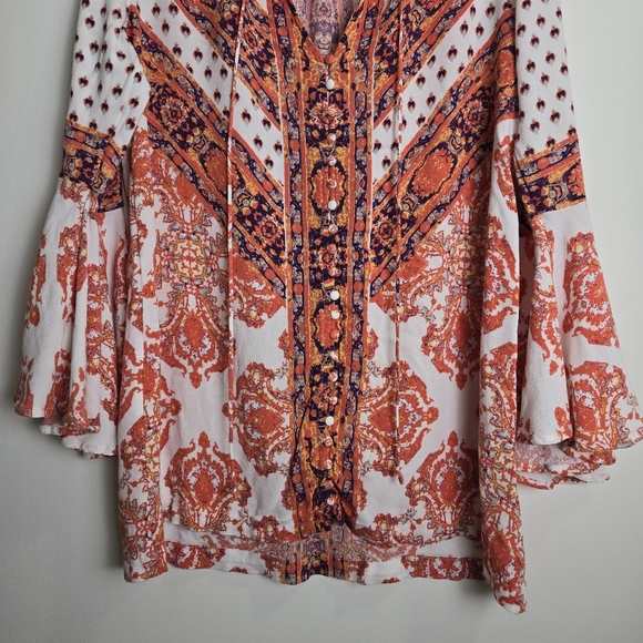 FREE PEOPLE‎ Paisley Boho Chic V neck Bell Sleeve Blouse Tunic Top S - Picture 6 of 12
